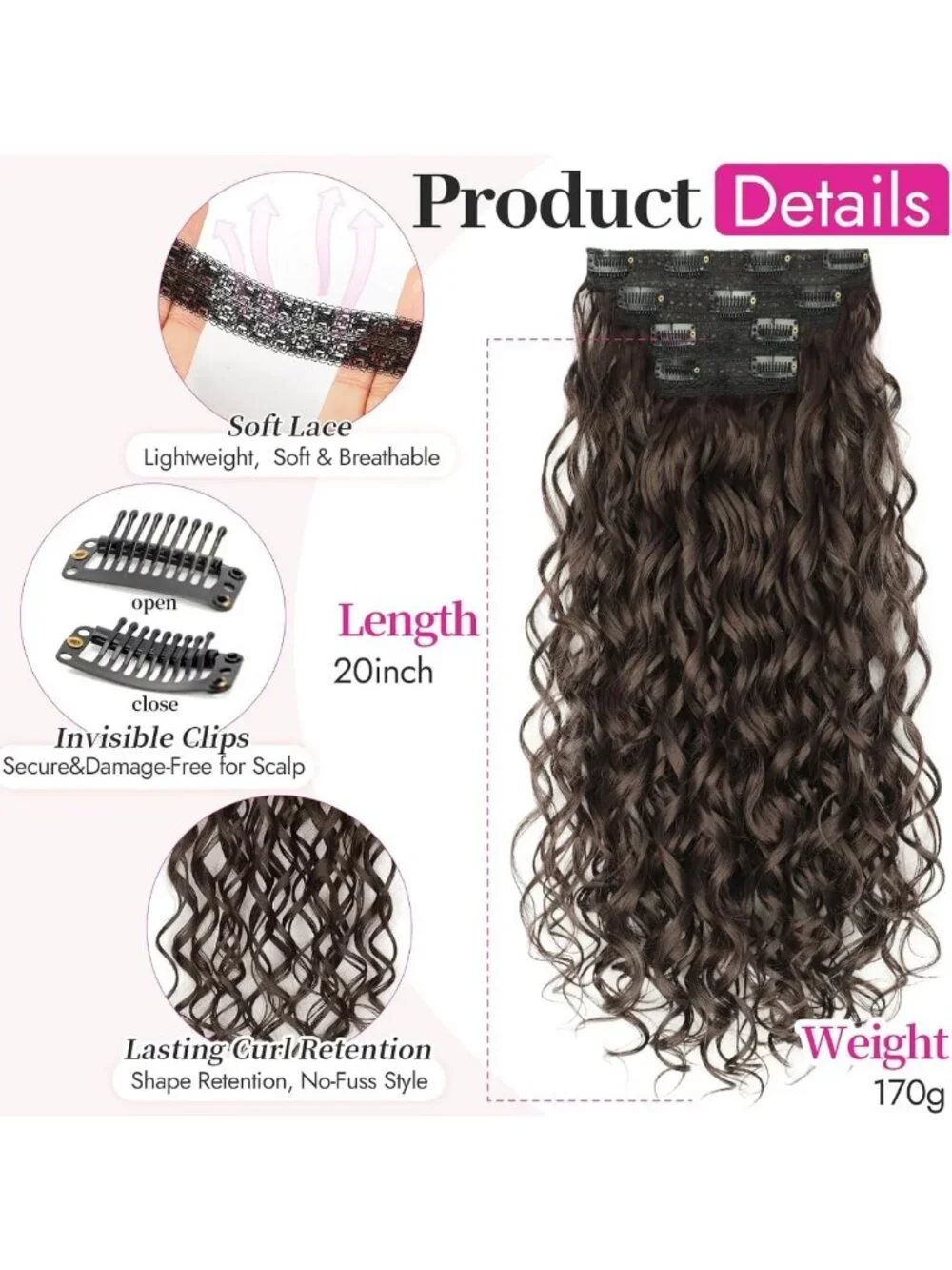 Bouncy Curly Clip-In Hair Extensions 4PCS - Synthetic Volume & Length Boost